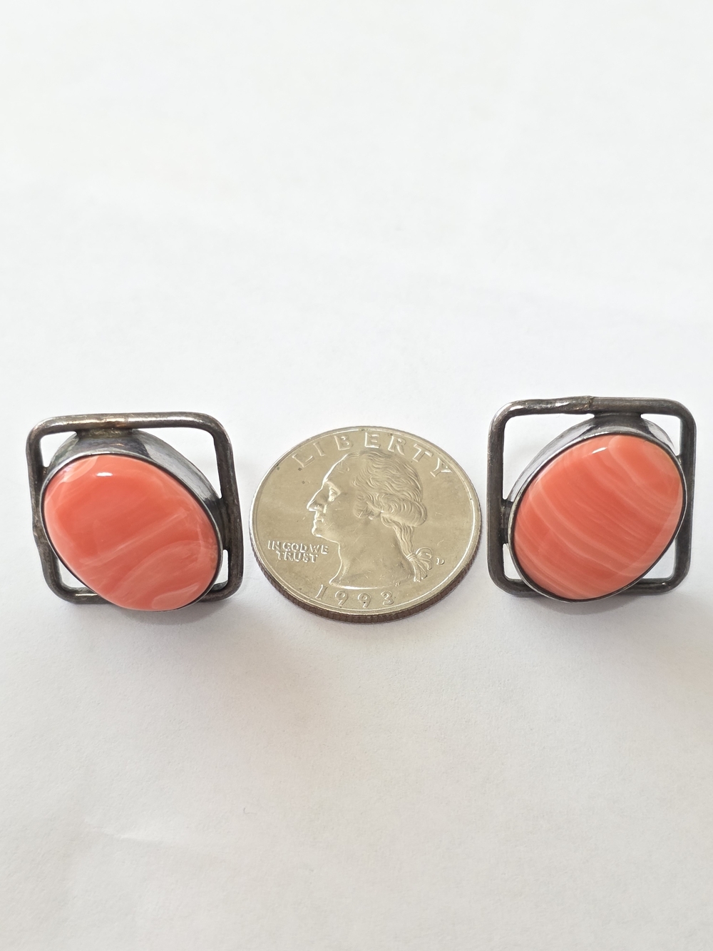 Vintage Ati Coral Color Oval Stone Earrings in .925 Sterling Frame